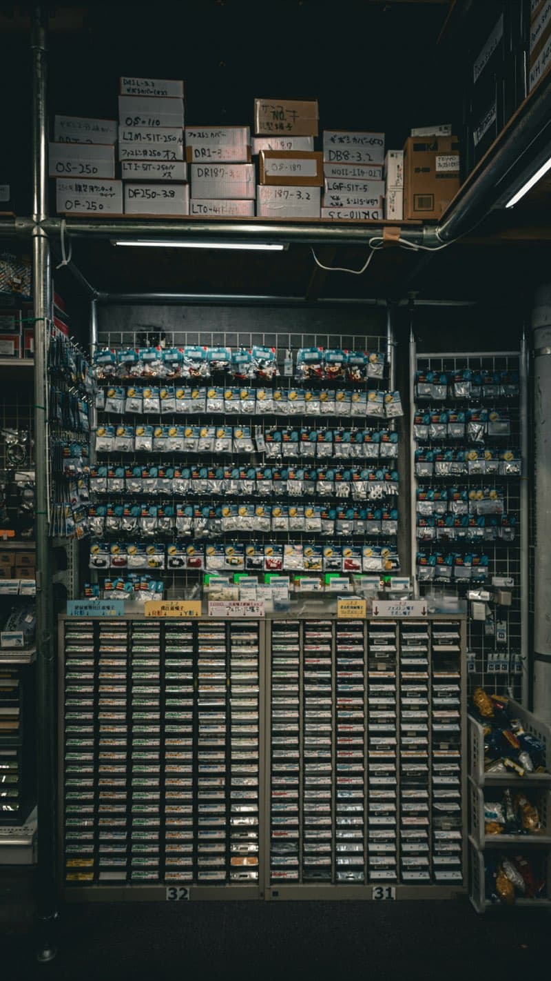 Shelves of labelled surplus electronic components