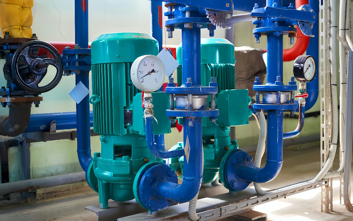 Industrial pumps with pressure gauges and pipework
